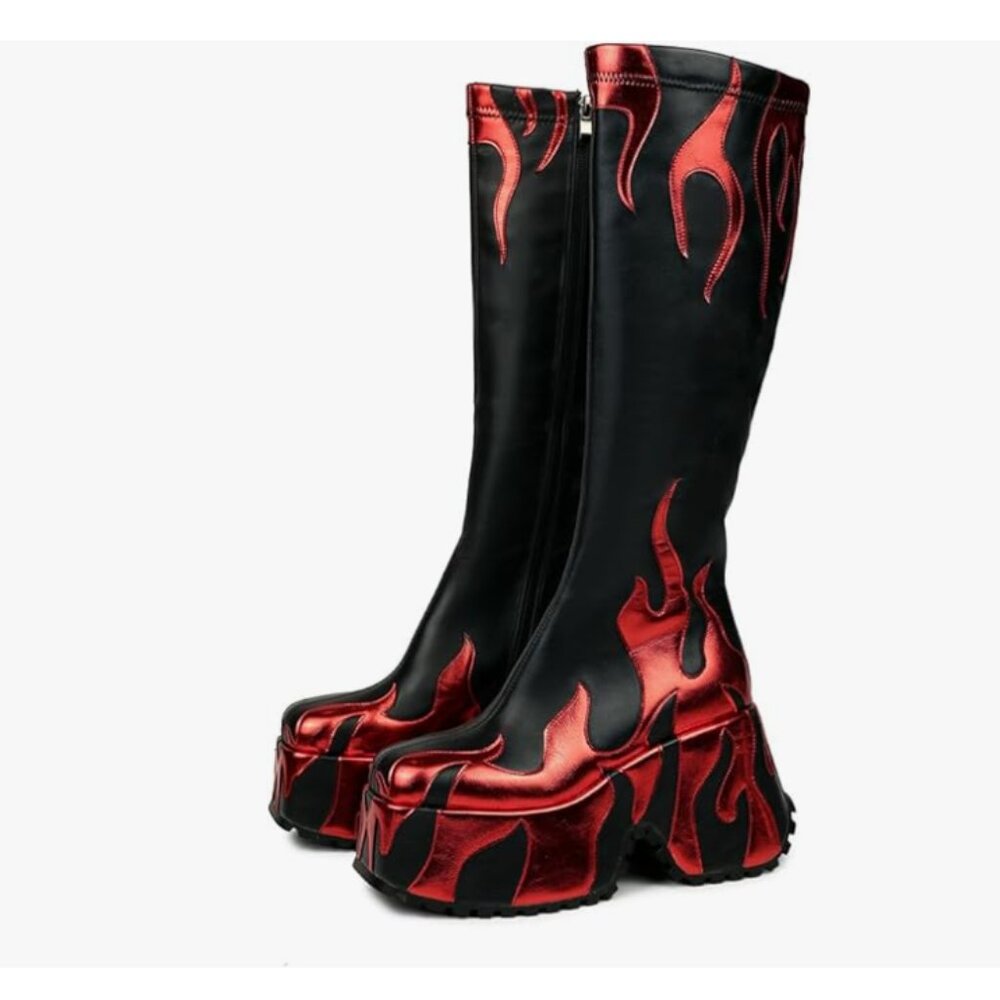 Women’s side zipper high fire red heeled boots - Picture 4 of 6